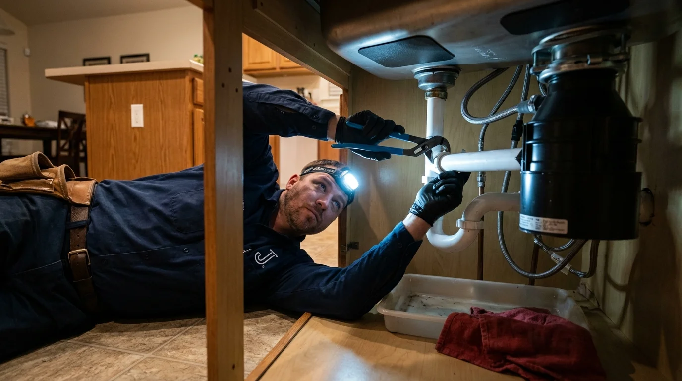 P-trap and supply line connections under a kitchen sink showing a common leak point in Elgin, IL